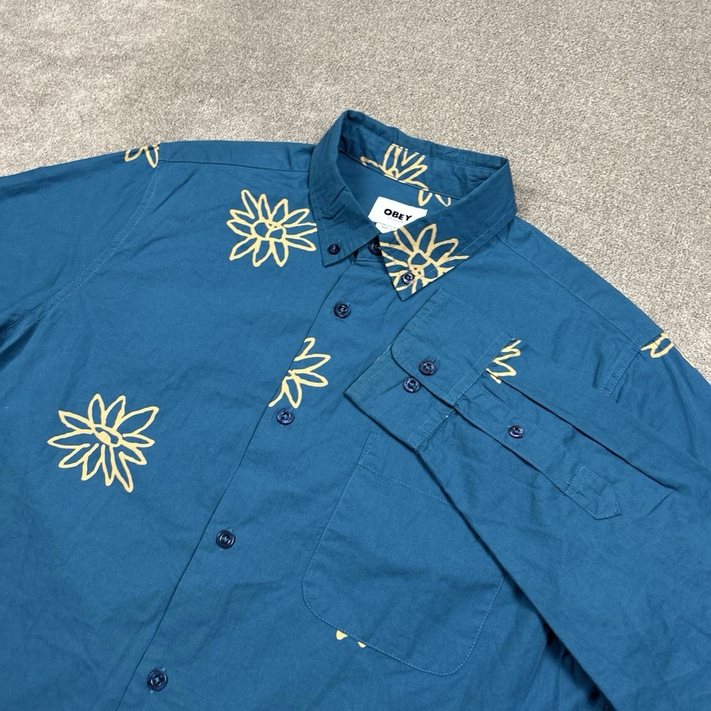 Obey Propaganda Shirt Mens Small Organic Cotton L/S Button Down Blue Floral